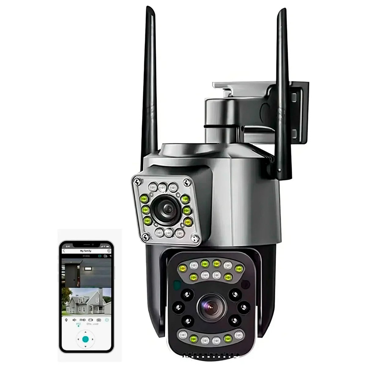 Cámara De Seguridad Con Antena Doble Lente Ptz Wifi Exterior