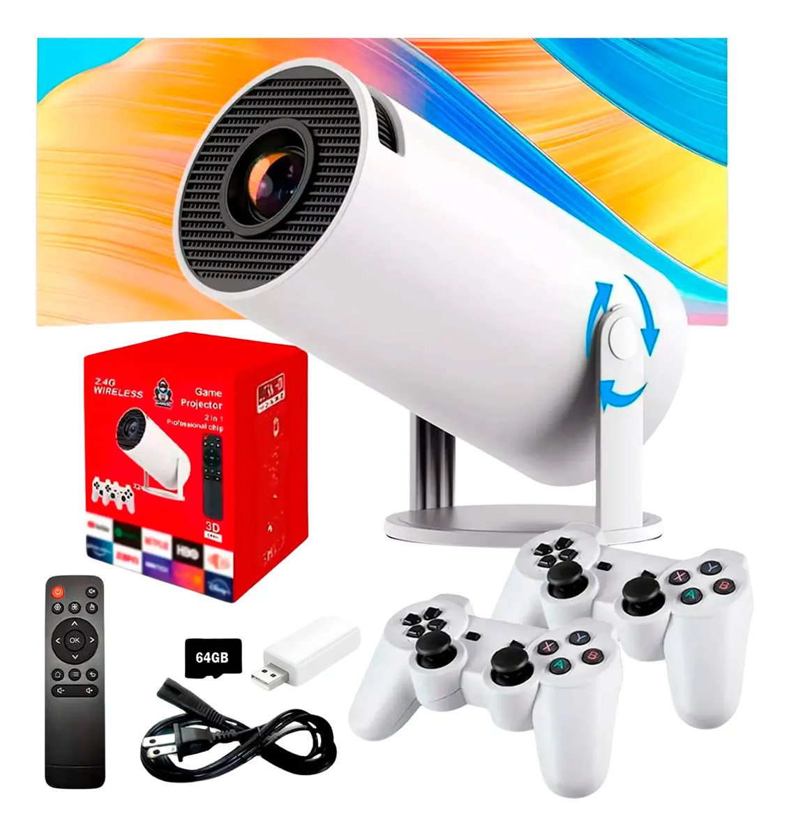 Proyector Gamer Hd + Micro 64gb Con Juegos Y Wifi + 2 Mandos