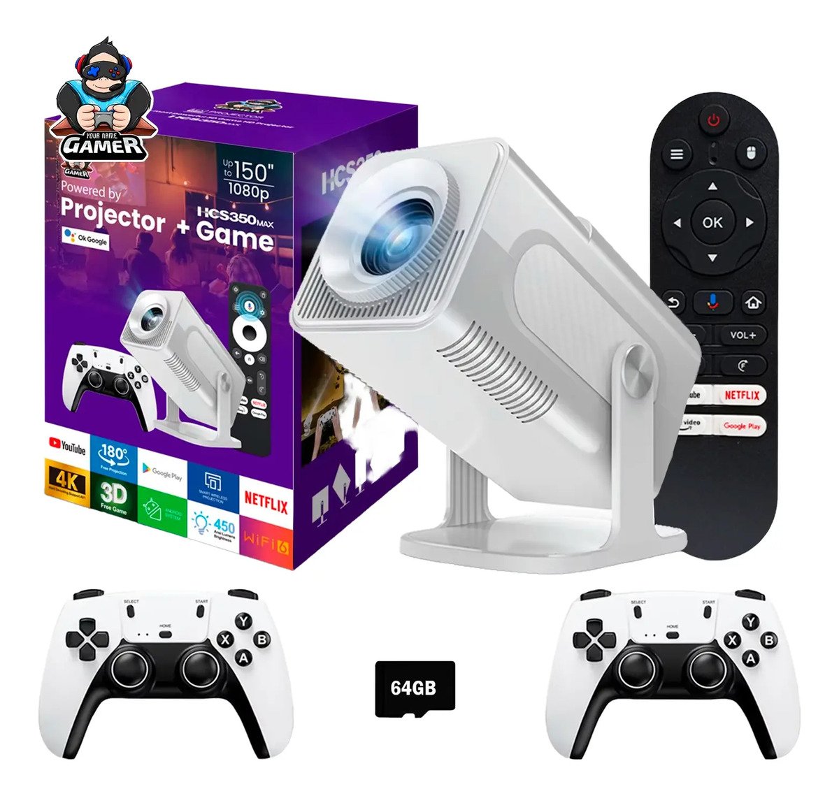 Proyector Gamer Hd Juegos Wifi Video + 2 Mandos + Micro 64gb