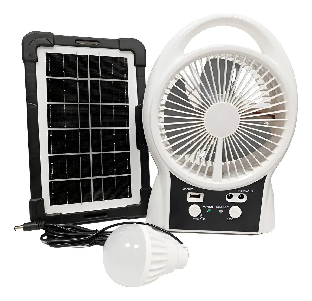 Ventilador Recargable Con Panel Solar O Cable Usb + Bombillo