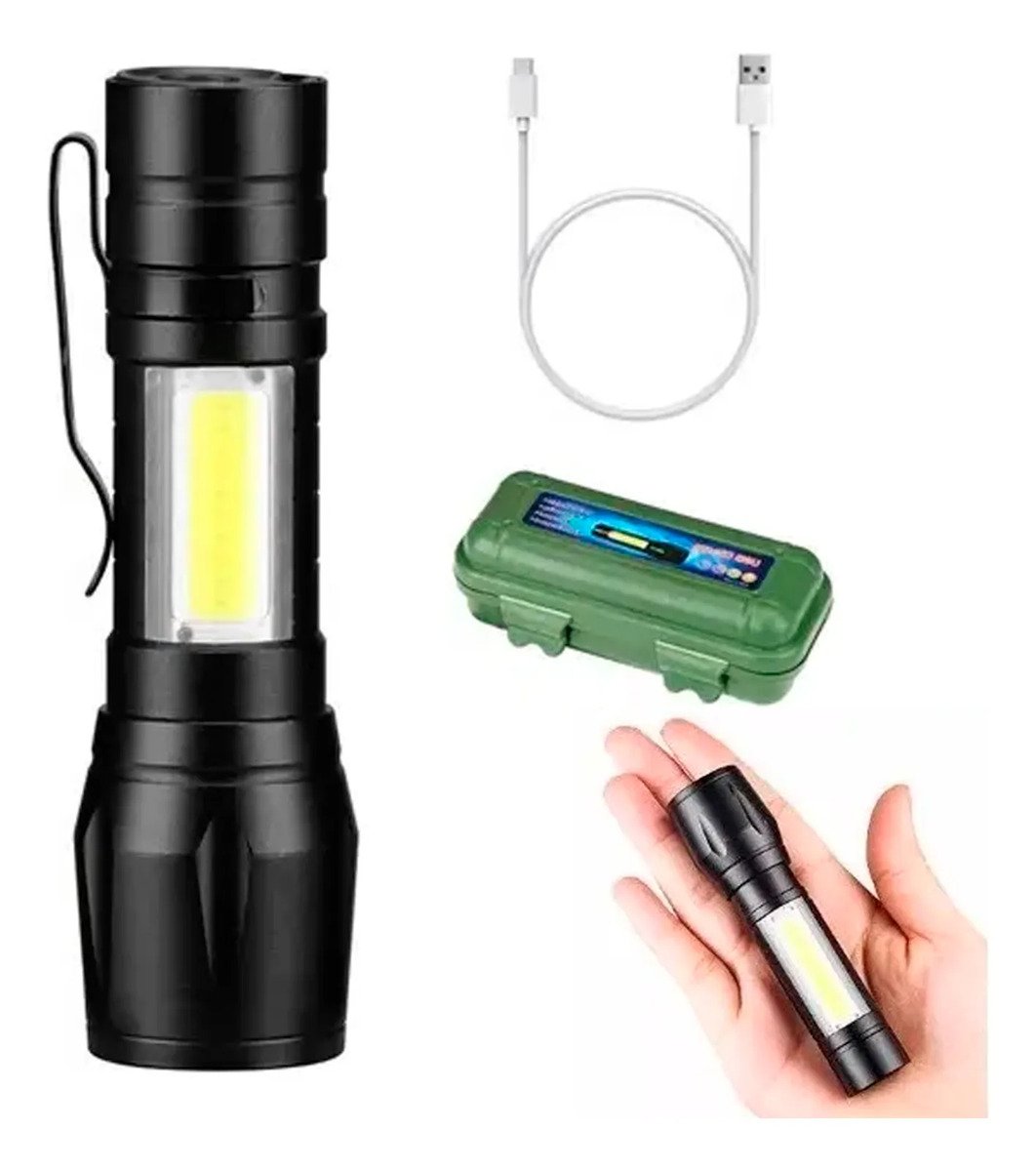 Mini Linterna Led Recargable En Aluminio Con Zoom Y Estuche