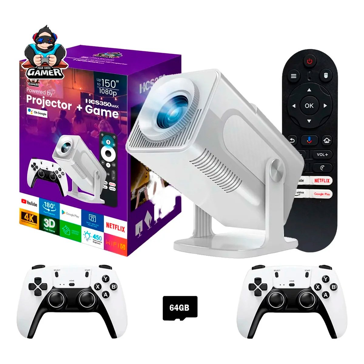 Proyector Gamer Hd Juegos Wifi Video + 2 Mandos + Micro 64gb