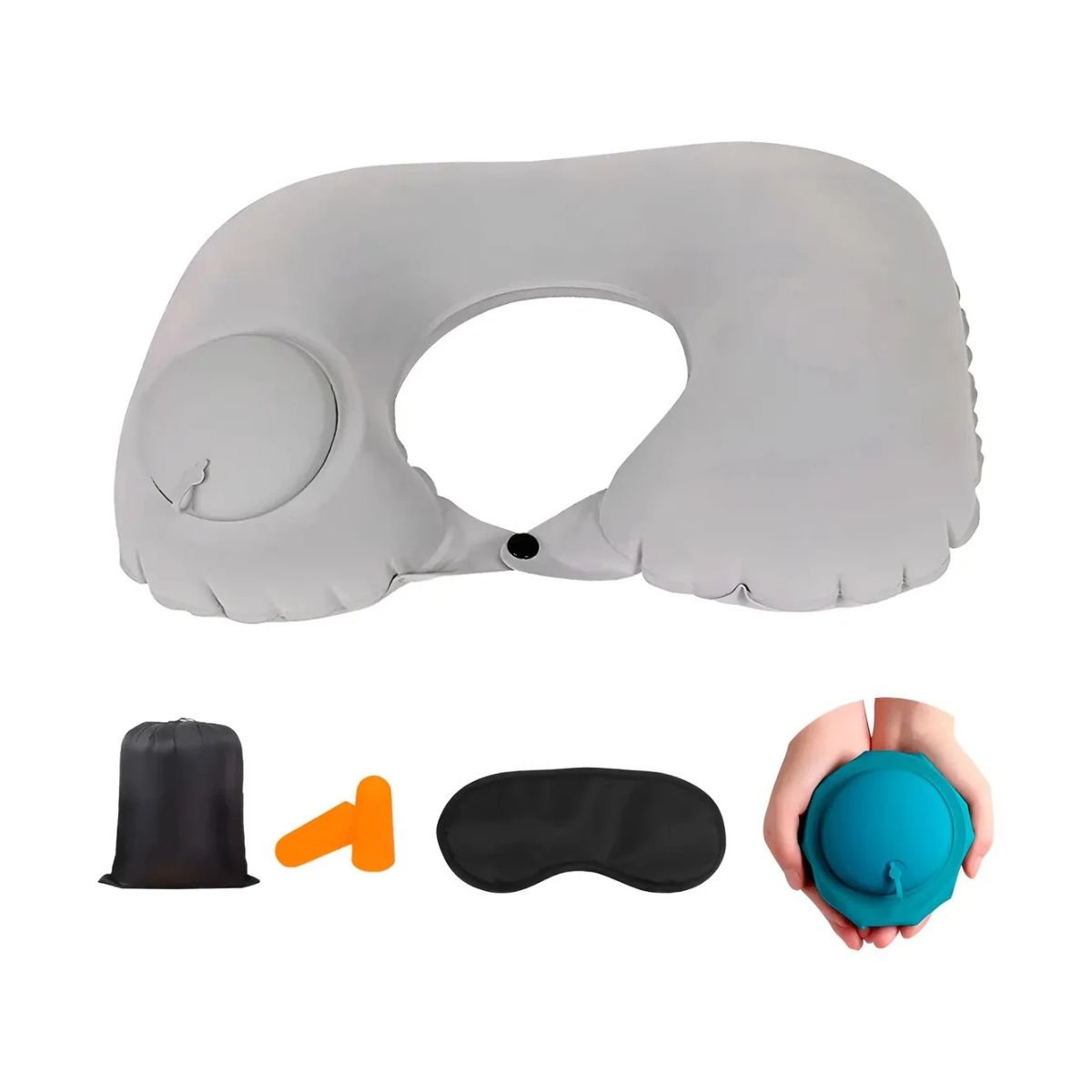 Almohada Cojin Viajero Cuellero Inflable + Forro + Antifaz