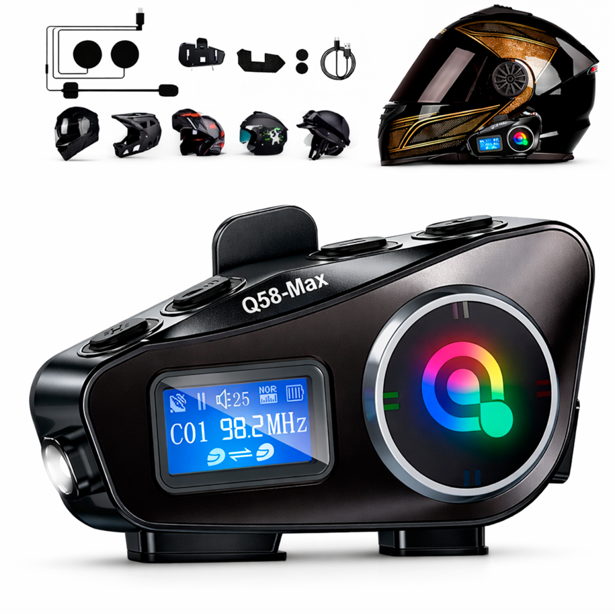 Intercomunicadores Con Pantalla Para Casco Moto Radio Fm Luz