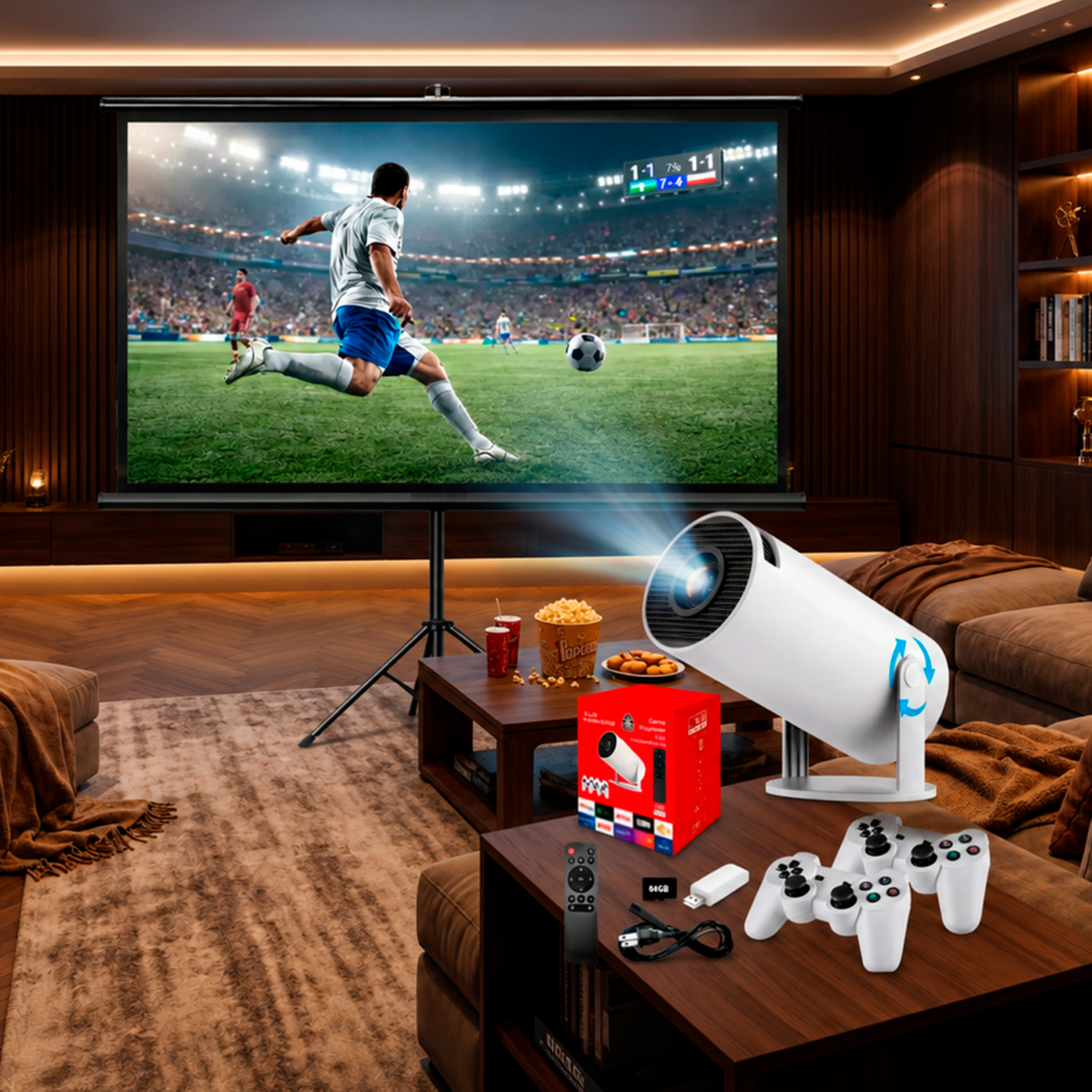 Combo Proyector Hd + Telón 72 + Juegos Micro 64gb + 2 Mandos