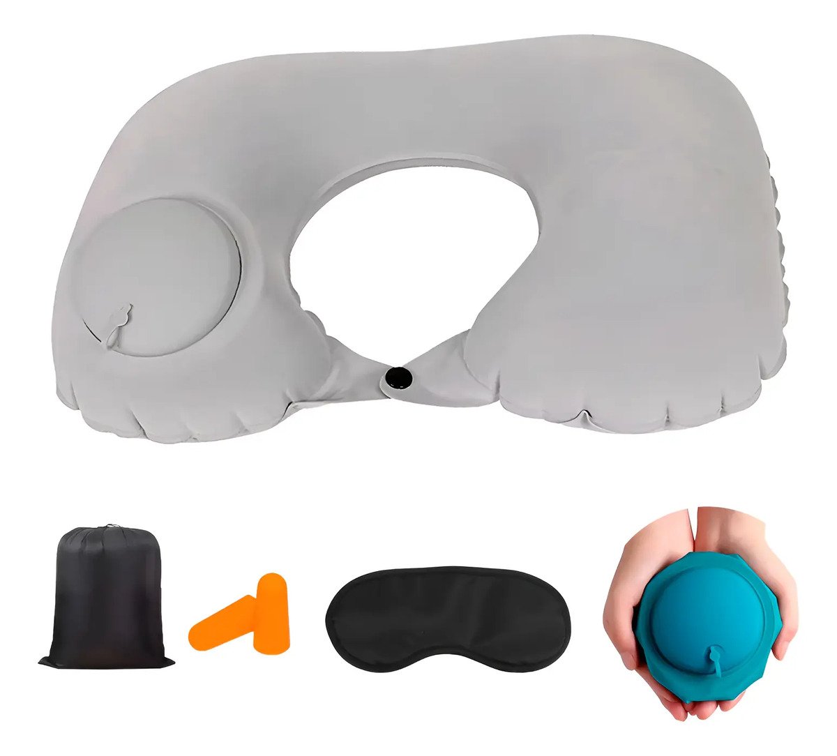 Almohada Cojin Viajero Cuellero Inflable + Forro + Antifaz