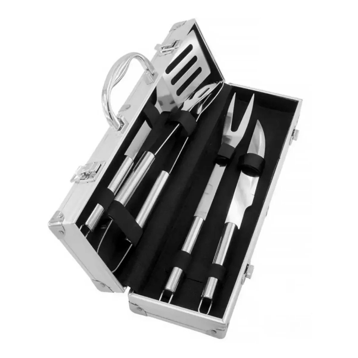 Kit Parrillero Bbq Asados 4 Utensilios Con Estuche Metalico
