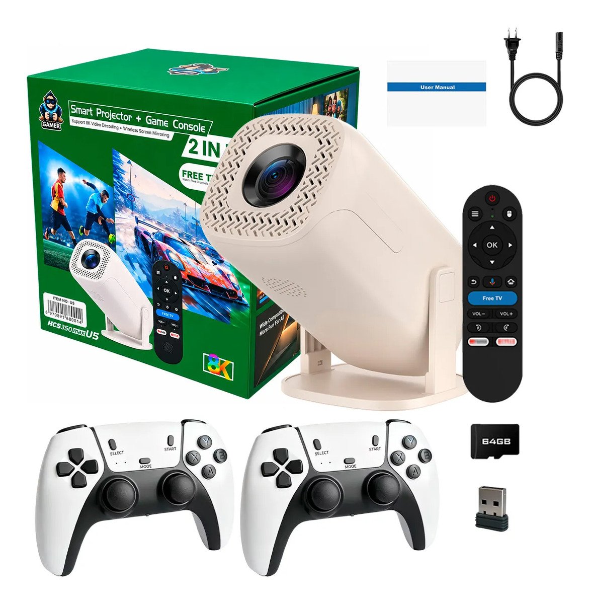 Proyector Uhd Gamer Juegos + Control + Micro 64gb + 2 Mandos
