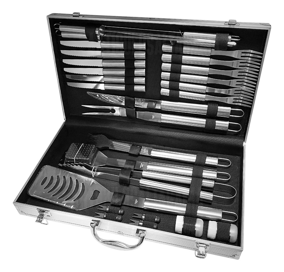Kit Parrillero Bbq Asados 28 Utensilios Con Estuche Metalico