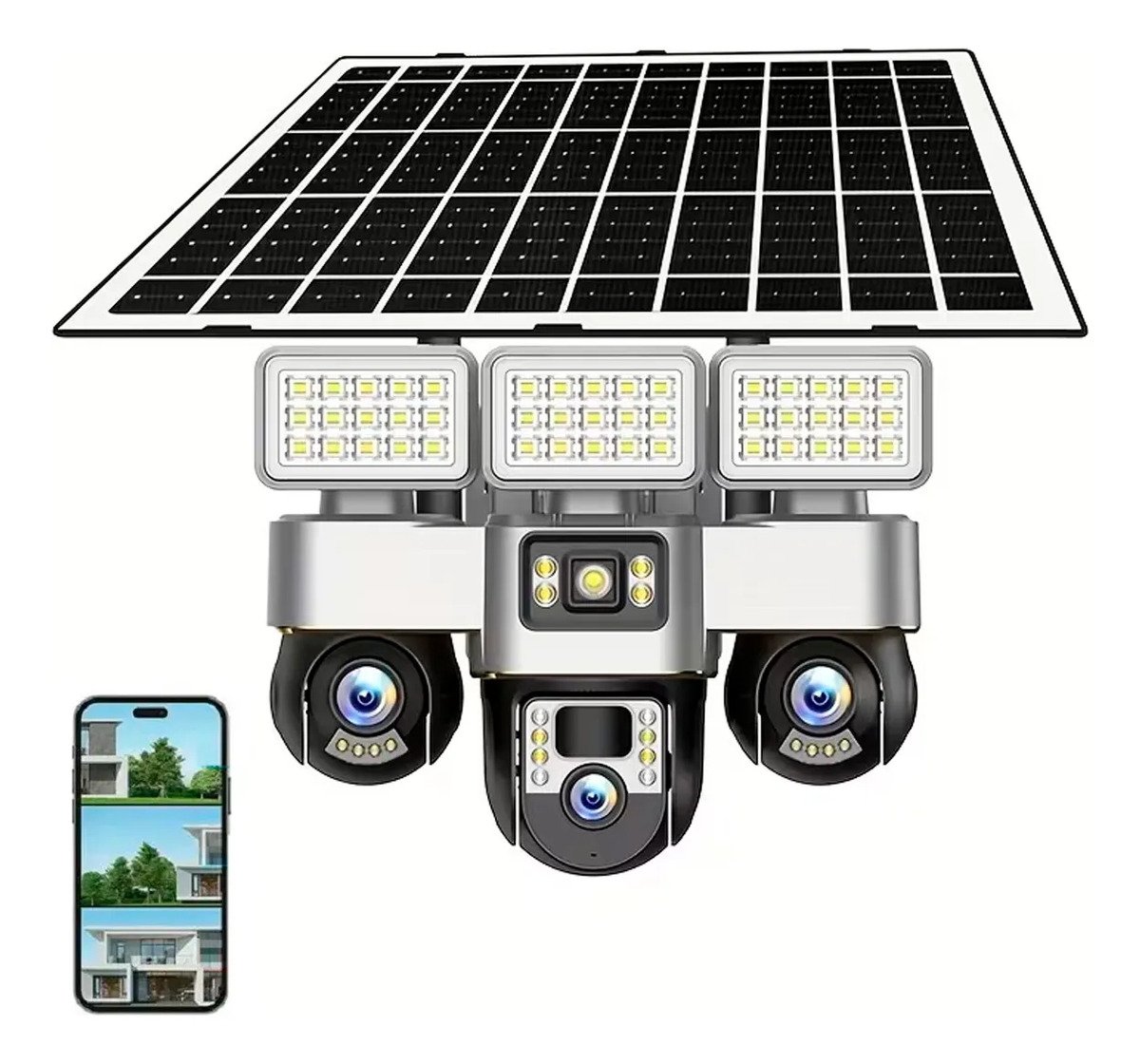 Cámara Solar Seguridad Ip Wifi 3 Lentes Exterior Luz Y Audio