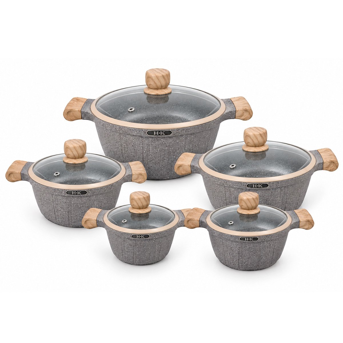 Bateria De Ollas H.k En Granito 10 Elegantes Piezas Con Tapa - Marrón