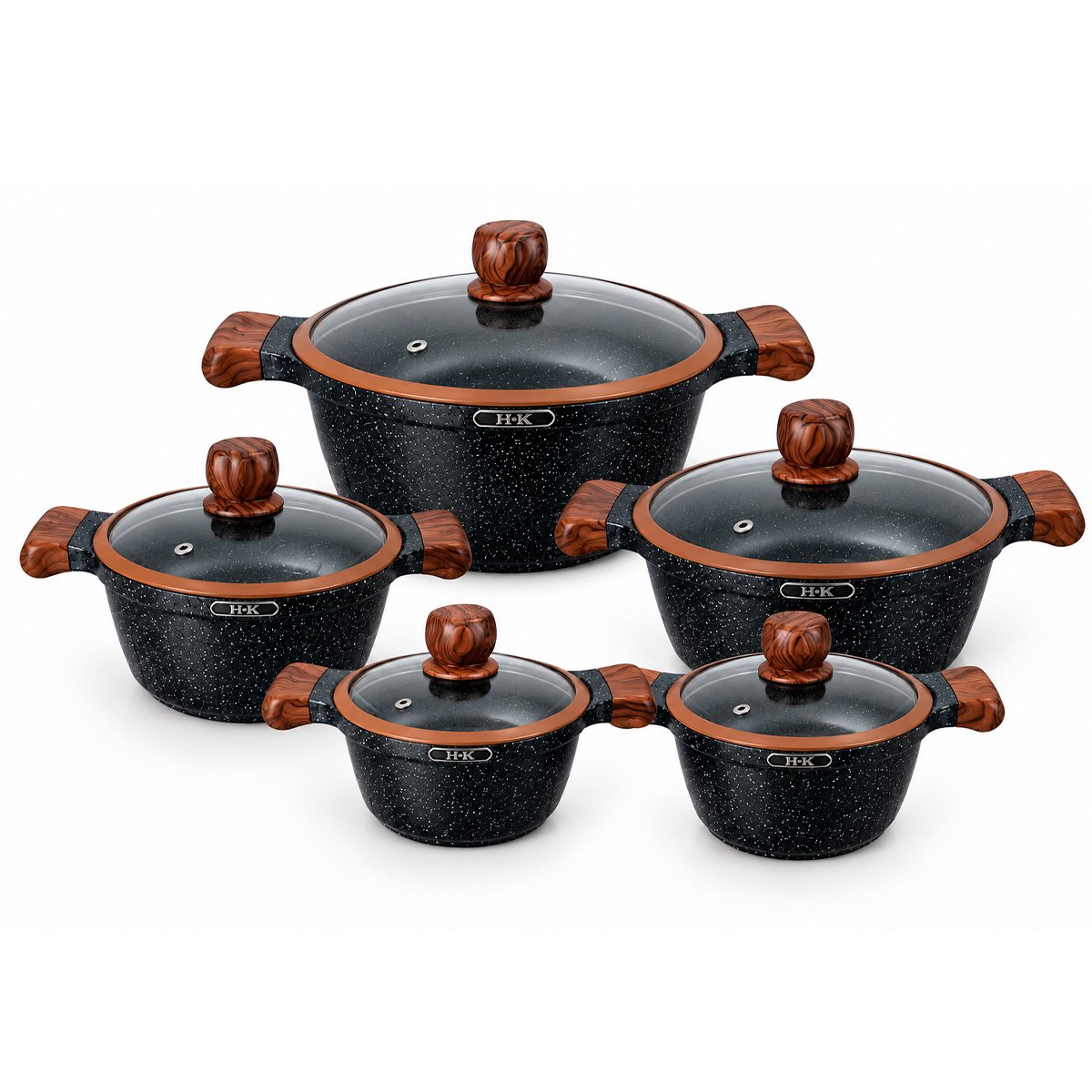 Bateria De Ollas H.k En Granito 10 Elegantes Piezas Con Tapa - Negro