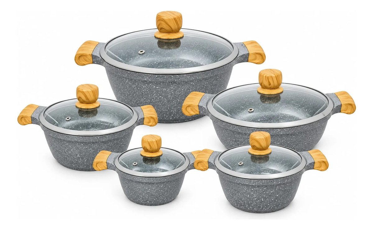 Bateria De Ollas H.k En Granito 10 Elegantes Piezas Con Tapa - Gris