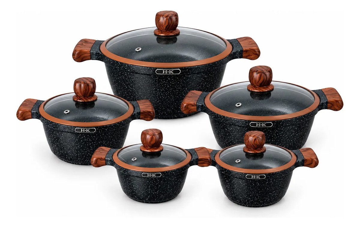 Bateria De Ollas H.k En Granito 10 Elegantes Piezas Con Tapa - Negro