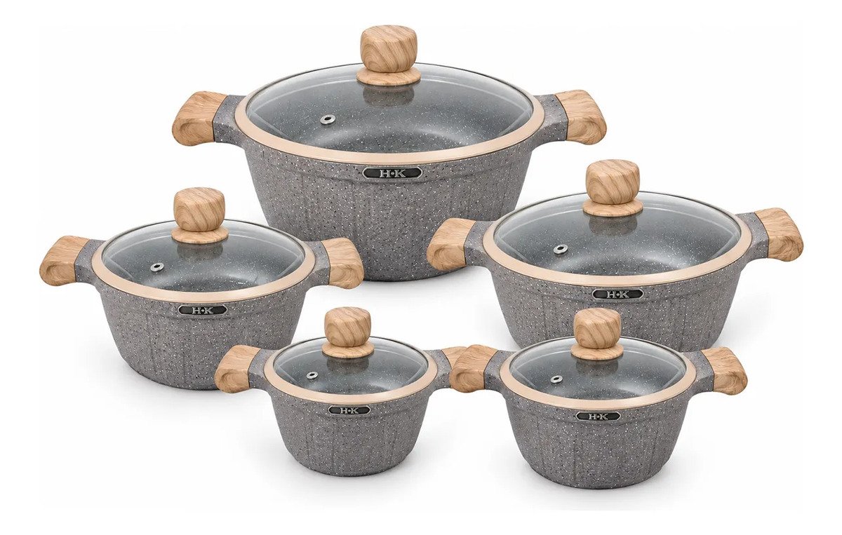 Bateria De Ollas H.k En Granito 10 Elegantes Piezas Con Tapa - Marrón